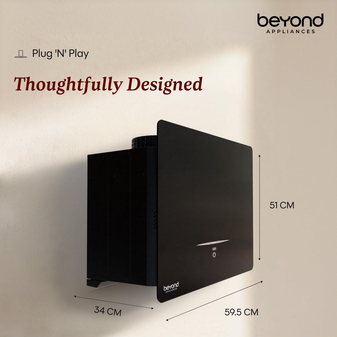 Beyond Appliances Cube BLDC Plug N Play Ductless Kitchen Chimney | 1500 CMH | AutoClean | 5-Stage Advanced Filter | Touch Control | 3-way Suction | 46dB Low Noise | Black | PAN INDIA SERVICE