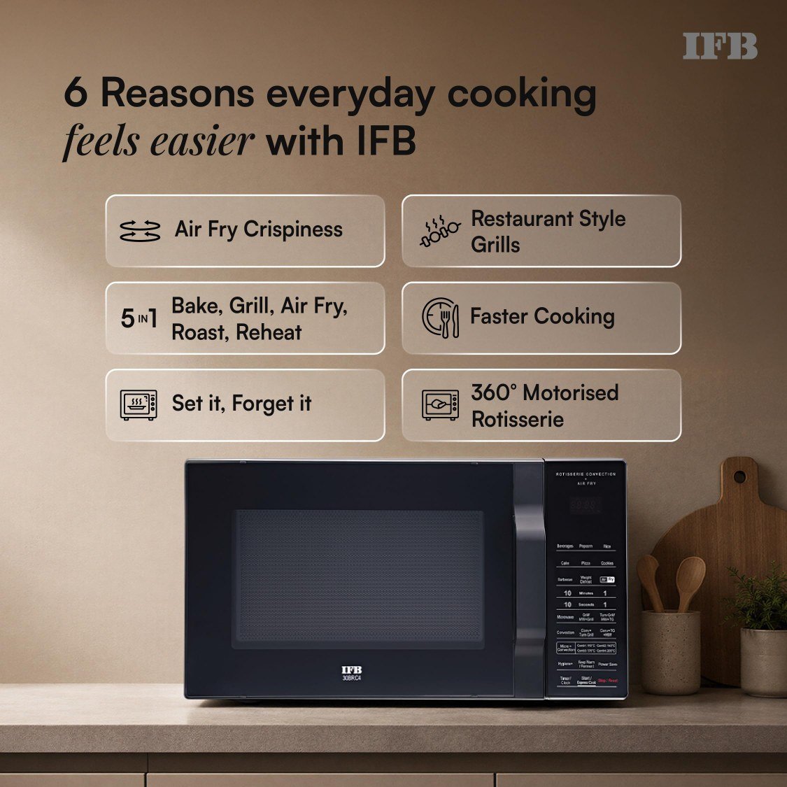 IFB 30L Air Fry Convection Microwave Oven with 360 Degree Motorized Rotisserie, 125 Auto Cook Menus (30BRC4, Black, Auto Defrost, Grill Mode, Combi-Cook Modes, 10 Power Levels)